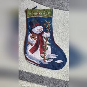 Vintage GREENBRIER  Needlepoint Snowman With Teddy Bear Christmas Stocking